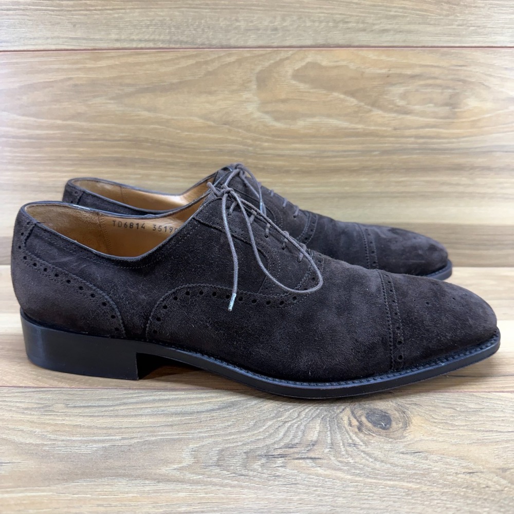 Salvatore Ferragamo Tramezza Suede Oxford Cap Toe 12 D Dark Brown Formal Medalli